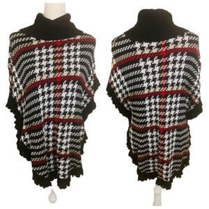 Joseph A Plaid Houndstooth Ruffle Hem Poncho Size M